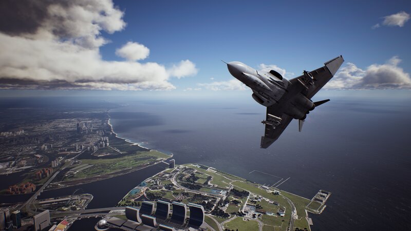 Fighter Jet over City — Blue, Dramatic