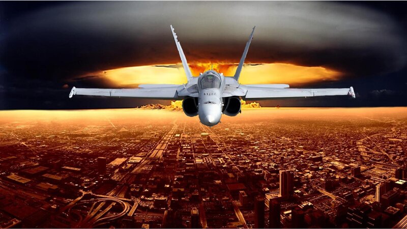 Fighter Jet over City — Orange