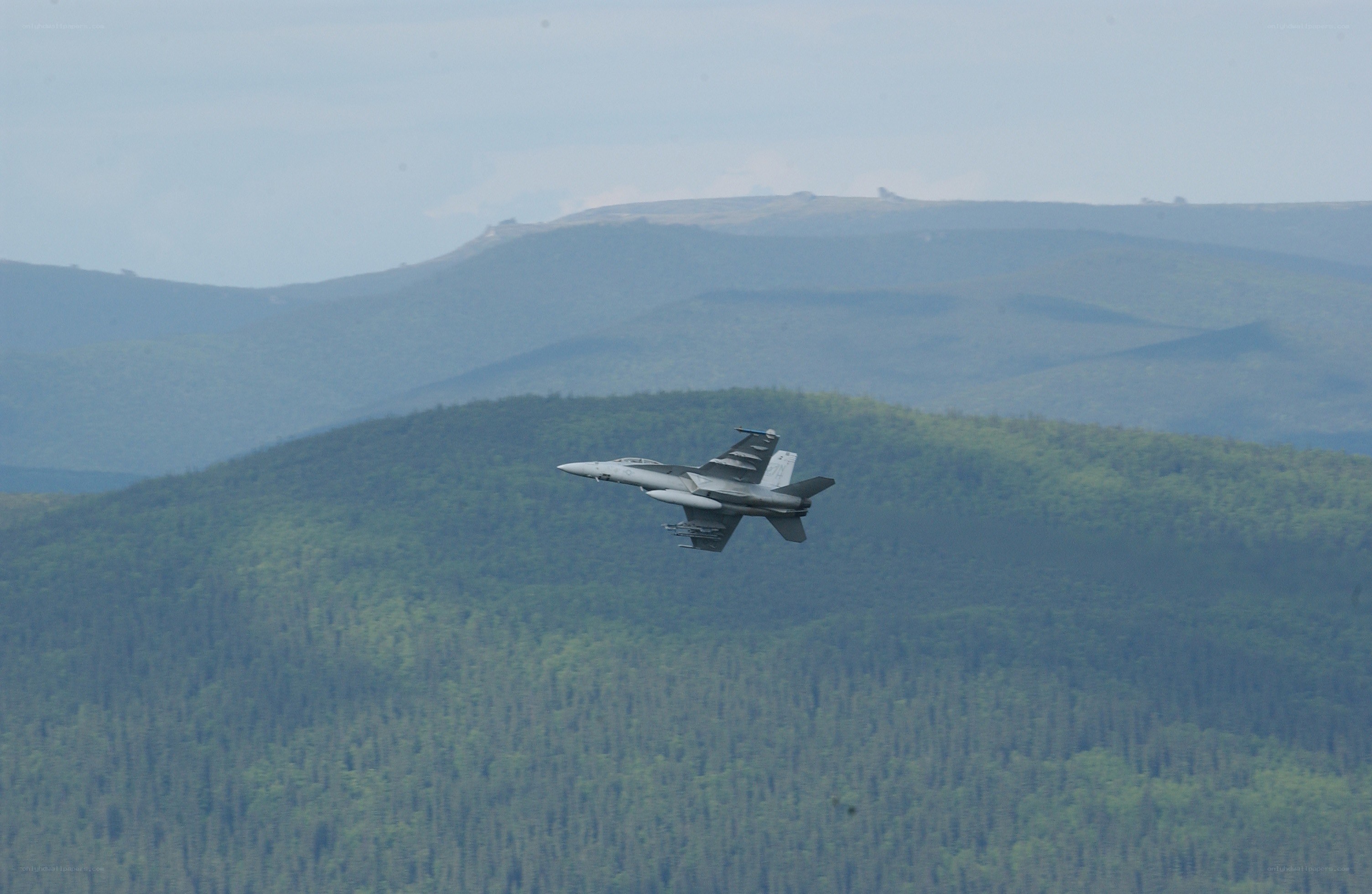 Fighter jet over forested mountains