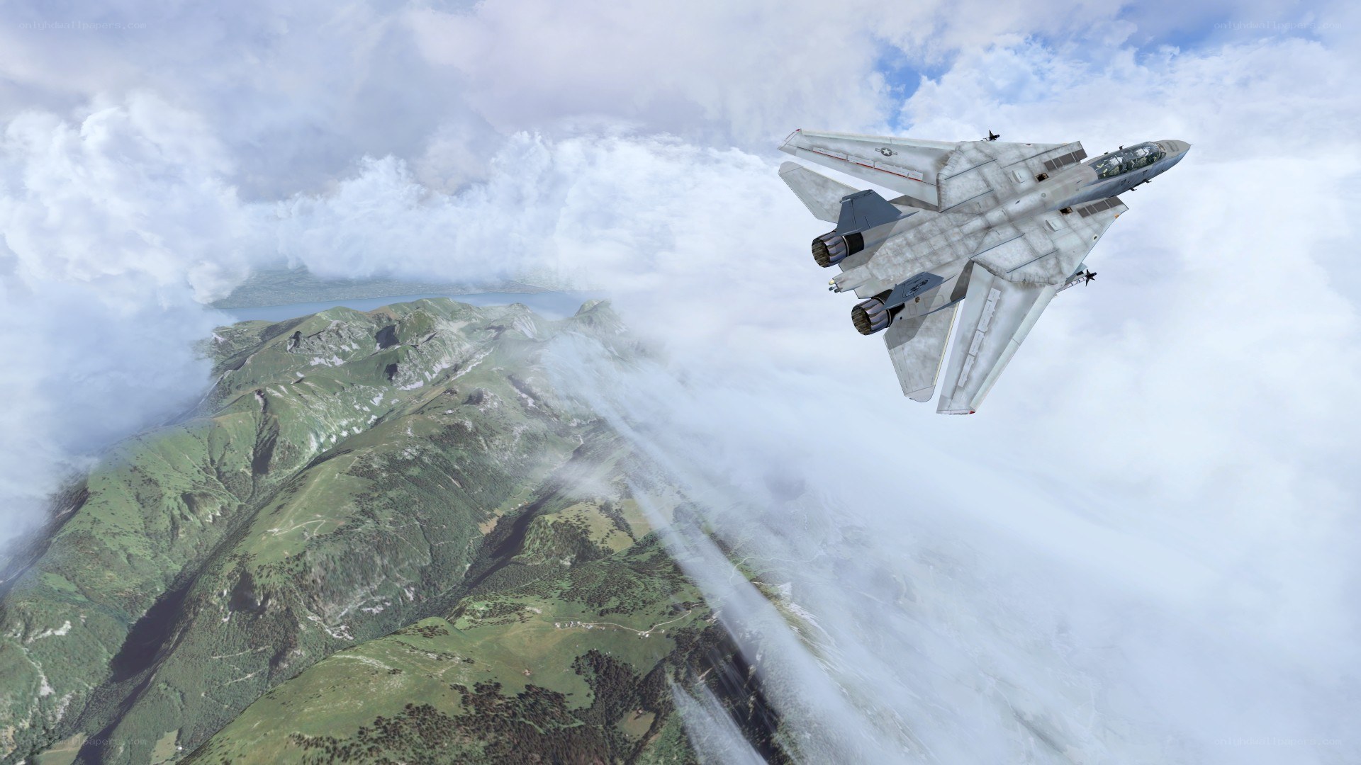 fighter jet over mountainous terrain