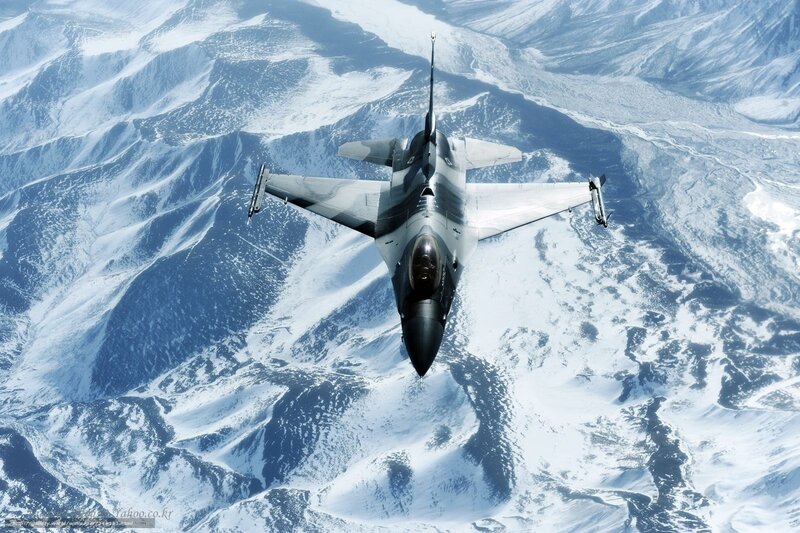 Fighter Jet over Mountains — White