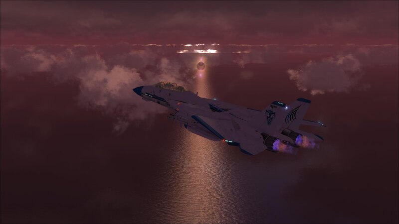 fighter jet over ocean at sunset