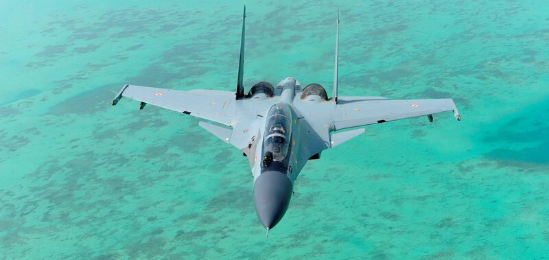 Fighter Jet over Ocean — Blue, Aerial