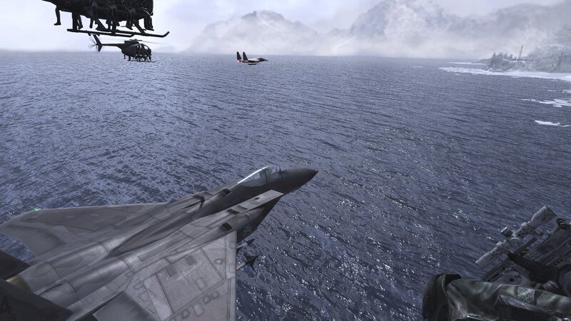 Fighter Jet over Ocean — Gray
