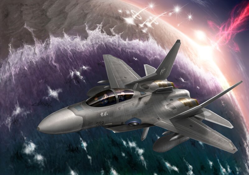 Fighter jet over planet
