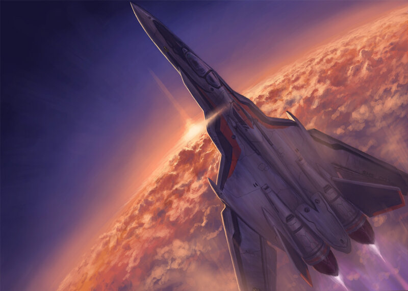 fighter jet over planet
