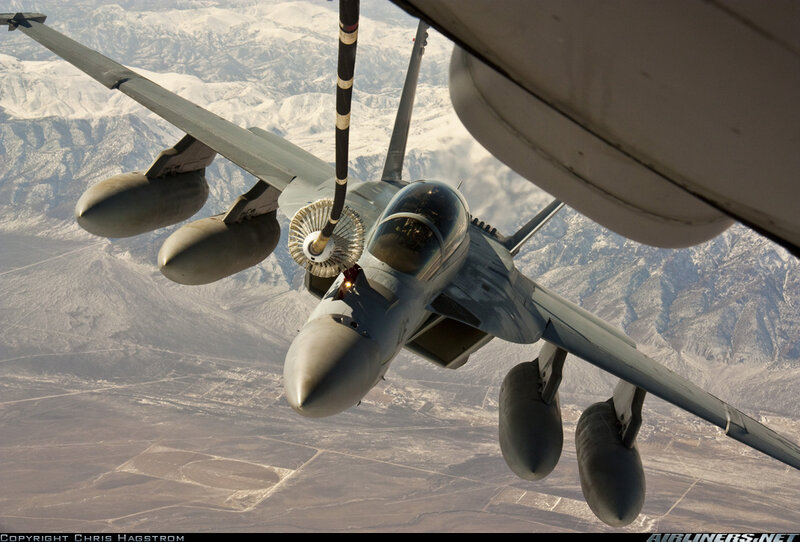 Fighter Jet Refueling — Gray, Dramatic, Afternoon, Photograph, Aircraft, Mountains, Fueling Boom