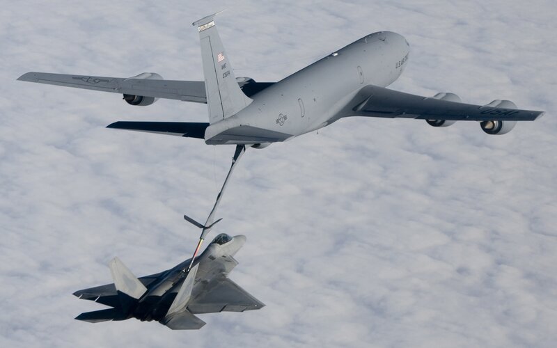 Fighter Jet Refueling — Gray, Dramatic, Photograph