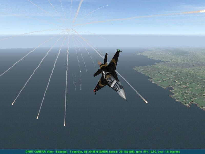 Fighter Jet Releasing Flares — Blue, Dramatic, Afternoon