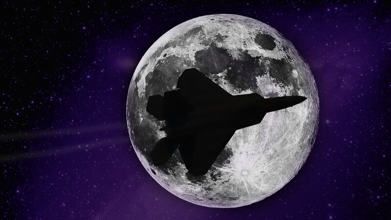 fighter jet silhouetted against moon