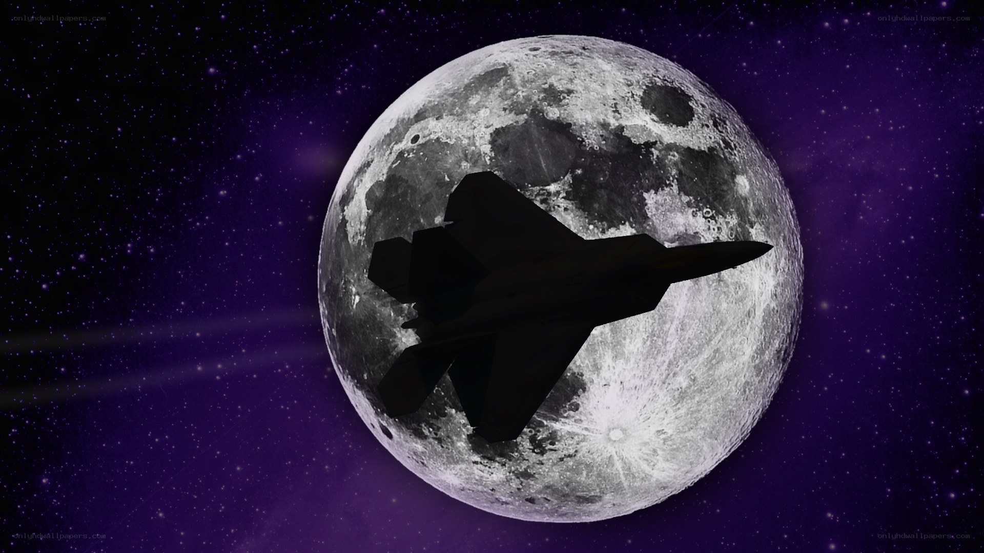 fighter jet silhouetted against moon