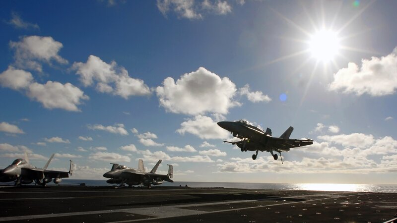 Fighter Jet Taking Off — Blue, Dramatic, Afternoon, Photograph, Aircraft Carrier, Jet Fighters