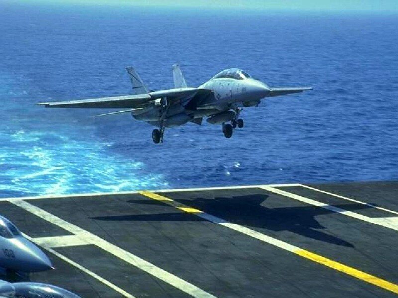 Fighter Jet Taking Off — Blue, Dramatic, Afternoon, Photograph, Aircraft Carrier, Ocean, Gray