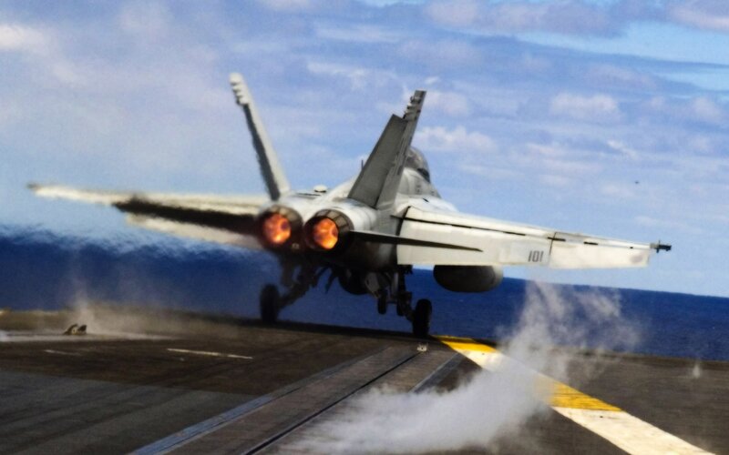 Fighter Jet Taking Off — Blue, Dramatic, Afternoon, Photograph, Aircraft Carrier, Ocean, Sky, Gray, White
