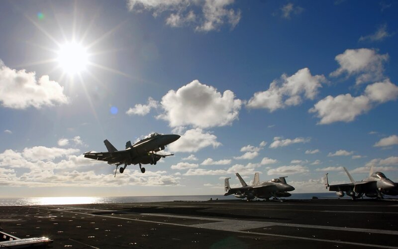 Fighter Jet Taking Off — Blue, Dramatic, Afternoon, Photograph, Aircraft Carrier, Ocean, Sun, Clouds