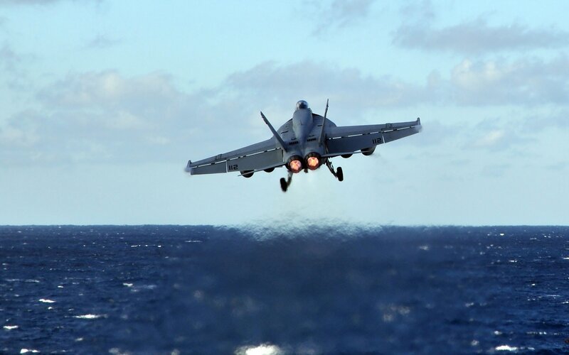 Fighter Jet Taking Off — Blue, Dramatic, Afternoon, Photograph, Ocean, Sky