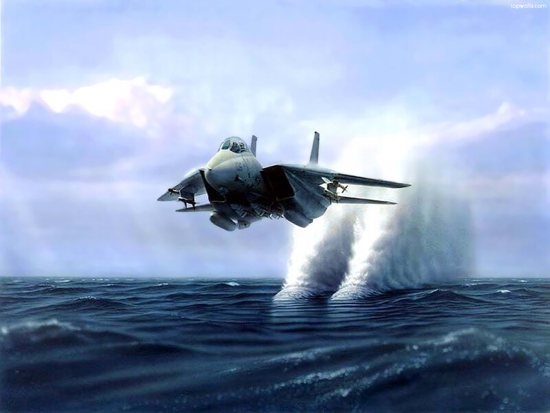 Fighter Jet Taking Off — Blue, Dramatic, Digital Art, Ocean