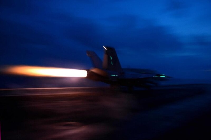 Fighter Jet Taking Off — Blue, Dramatic, Night, Photograph, Flame
