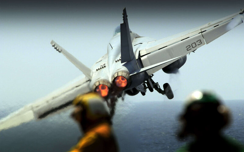 Fighter Jet Taking Off — Gray, Dramatic, Afternoon, Photograph, Aircraft Carrier, Ocean, Crew Members