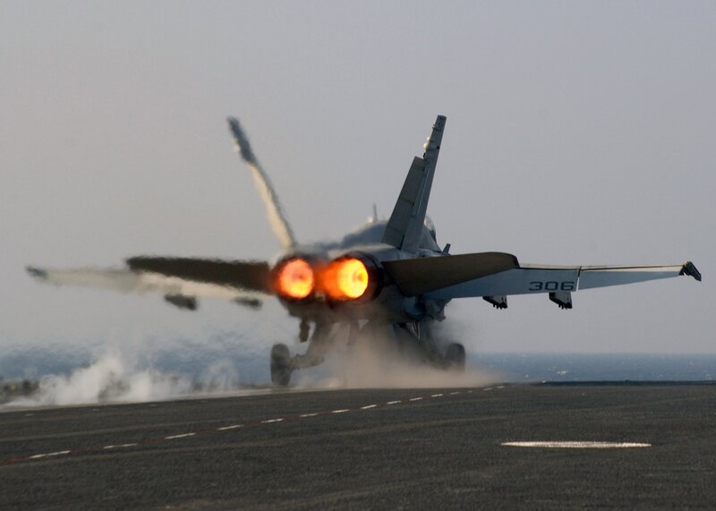 Fighter Jet Taking Off — Gray, Dramatic, Afternoon, Photograph, Aircraft Carrier, Ocean, Jet Engines