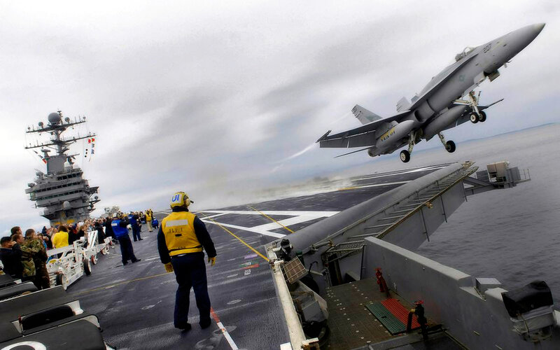 Fighter Jet Taking Off — Gray, Dramatic, Photograph, Aircraft Carrier, Crew