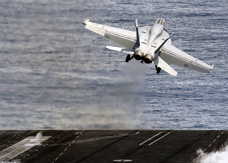 Fighter Jet Taking Off — Gray, Dramatic, Photograph, Aircraft Carrier, Ocean, Smoke