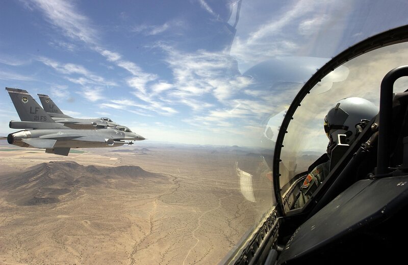 Fighter Jets in Formation — Blue, Dramatic, Afternoon, Photograph, Pilot, Desert Landscape