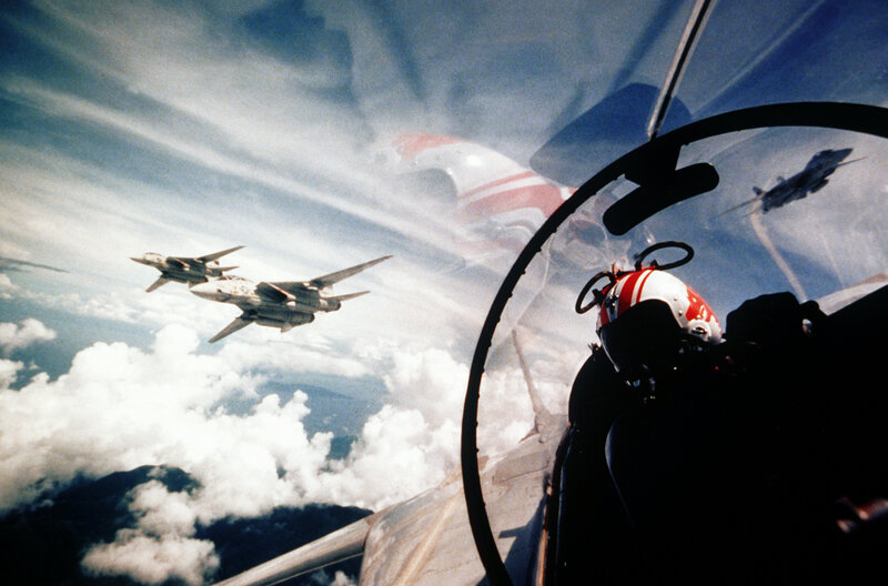 Fighter Jets in Formation — Blue, Dramatic, Afternoon, Photograph, Pilot Helmet