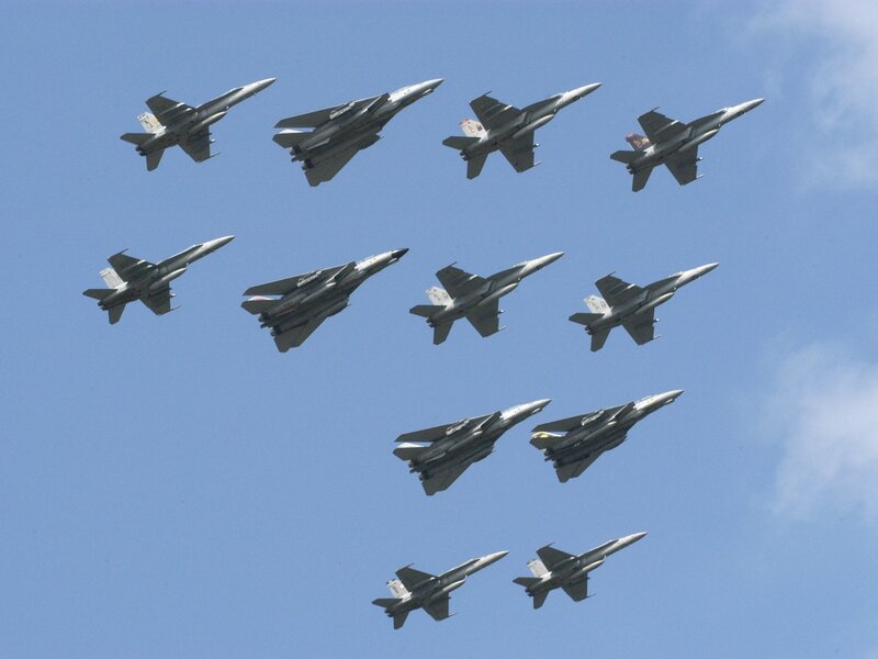 Fighter Jets in Formation — Blue, Dynamic, Afternoon, Photograph, Aircraft