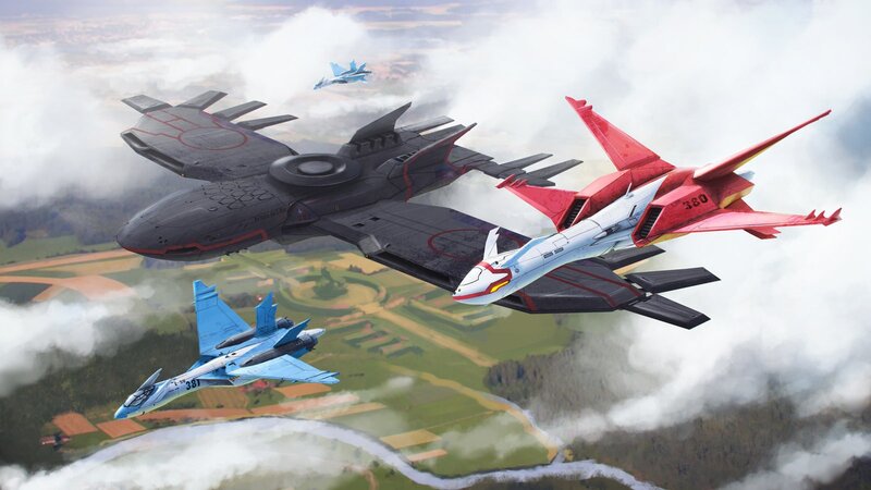 Fighter Jets in Formation — Gray, Dramatic, Afternoon, Digital Art, Aircraft, Clouds, Landscape