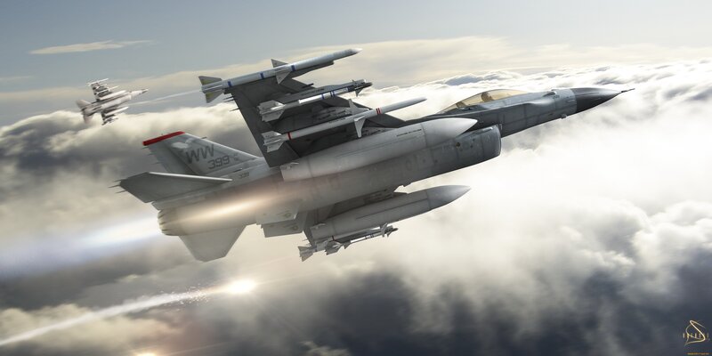 Fighter Jets in Formation — Gray, Dramatic, Afternoon, Digital Art, Clouds, Missiles, Sunlight, White