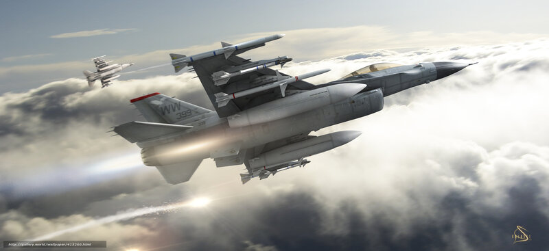 Fighter Jets in Formation — Gray, Dramatic, Afternoon, Digital Art, Clouds, Missiles
