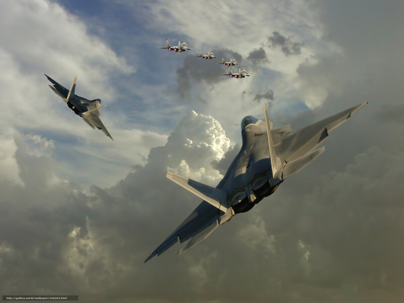 Fighter Jets in Formation — Gray, Dramatic, Afternoon, Digital Art, Clouds, Sky