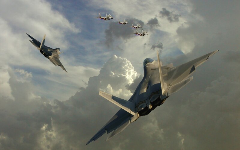 Fighter Jets in Formation — Gray, Dramatic, Afternoon, Digital Art, Clouds