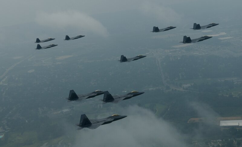 Fighter Jets in Formation — Gray, Dramatic, Afternoon, Photograph, Aircraft, Clouds, Land