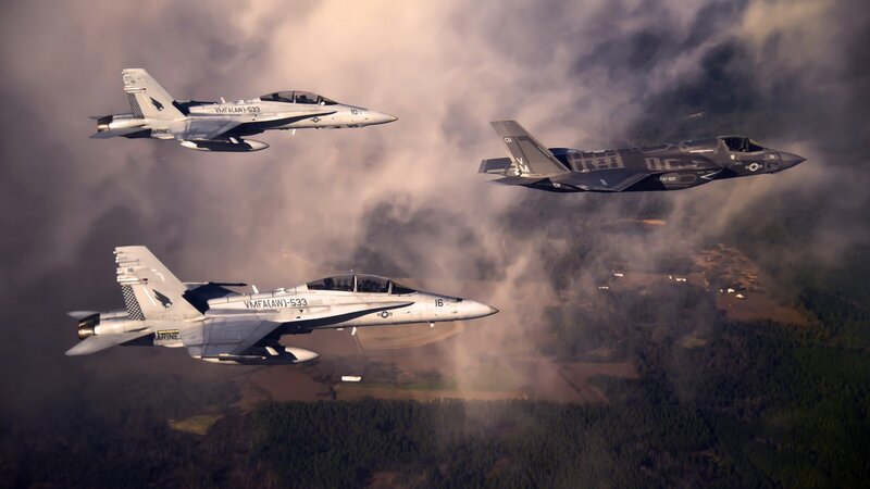 Fighter Jets in Formation — Gray, Dramatic, Afternoon, Photograph, Clouds