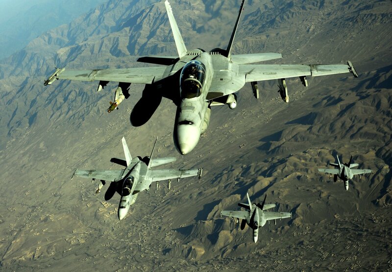 Fighter Jets in Formation — Gray, Dramatic, Afternoon, Photograph, Mountains