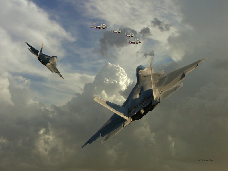 Fighter Jets in Formation — Gray, Dramatic, Digital Art, Aircraft, Clouds, Sky, Blue, White
