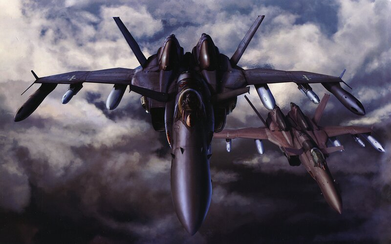 Fighter Jets in Formation — Gray, Dramatic, Digital Art, Clouds, Missiles