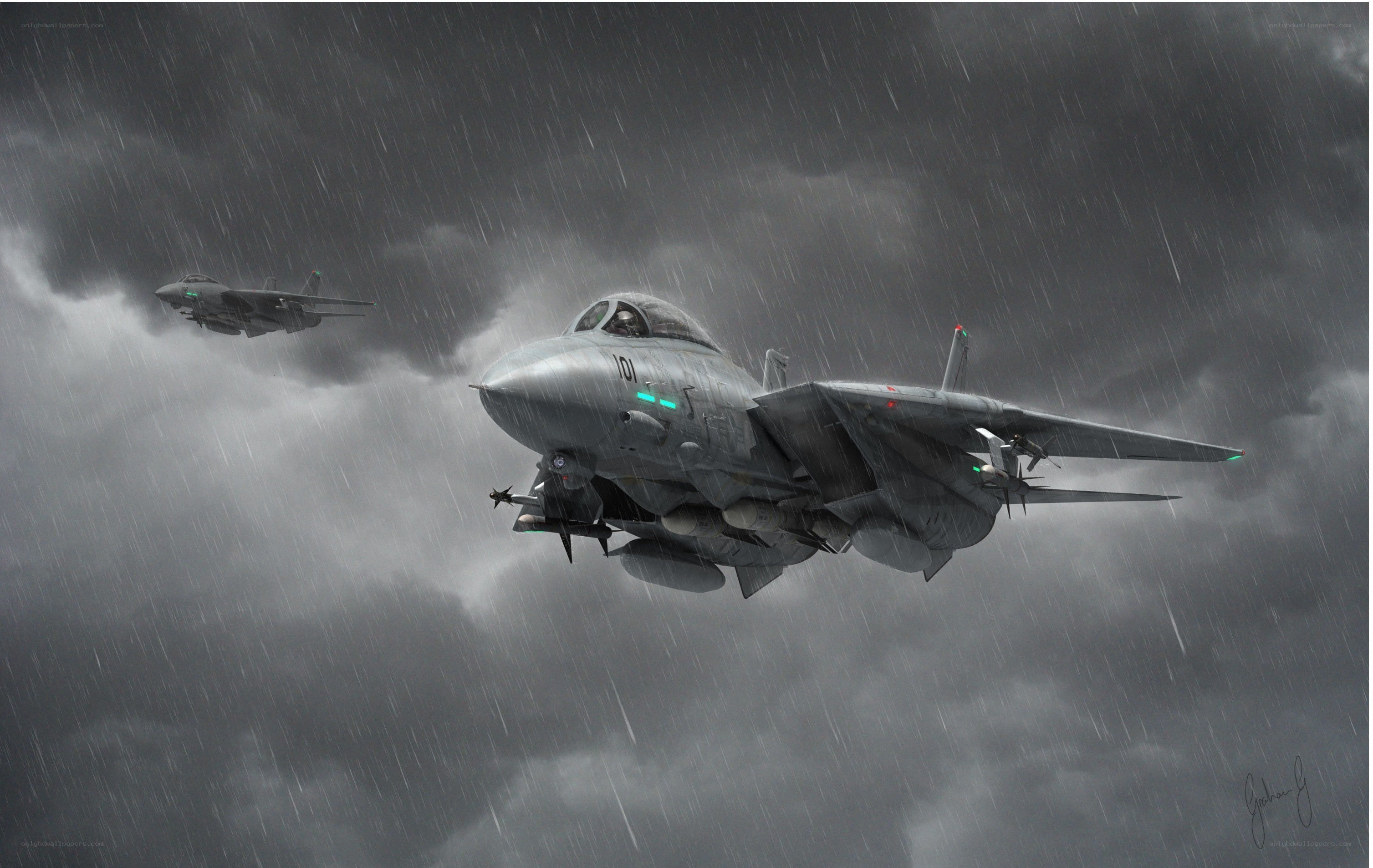 Fighter jets in stormy sky