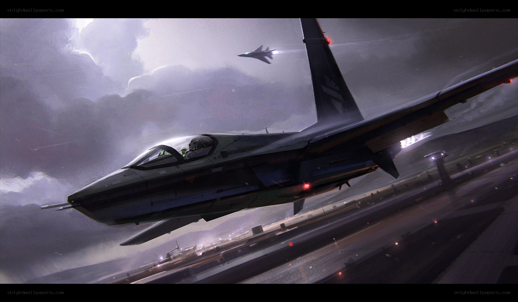 Fighter jets in stormy sky