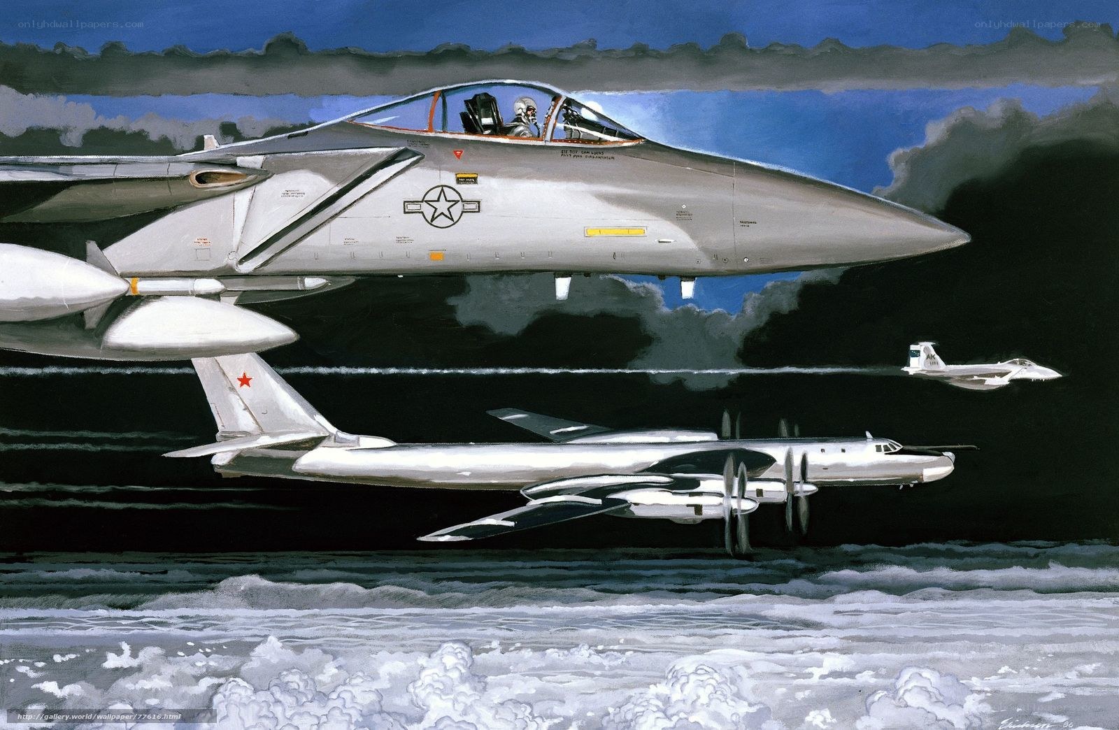 Fighter jets intercepting bomber