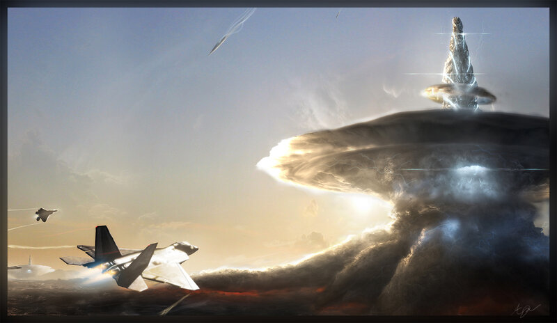 Fighter jets near a stormy tower