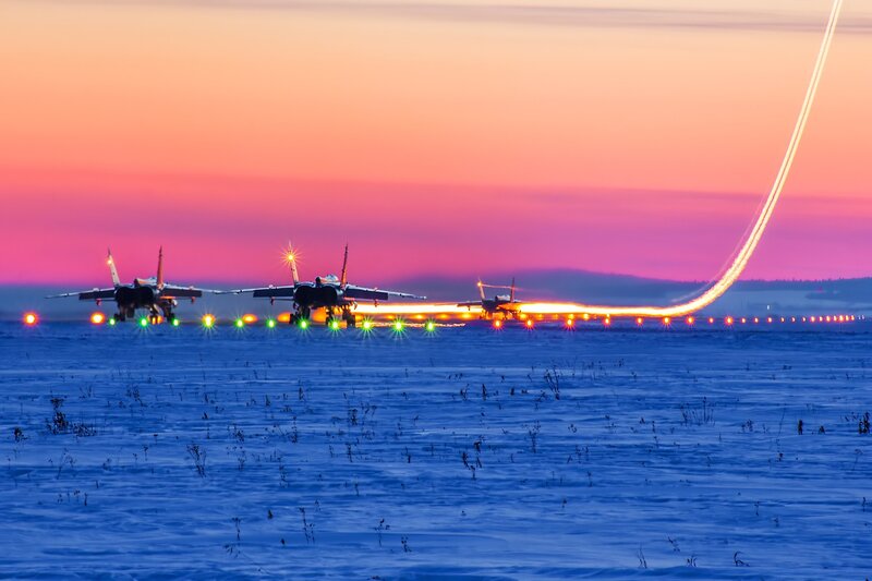 Fighter Jets on Runway — Pink, Dramatic