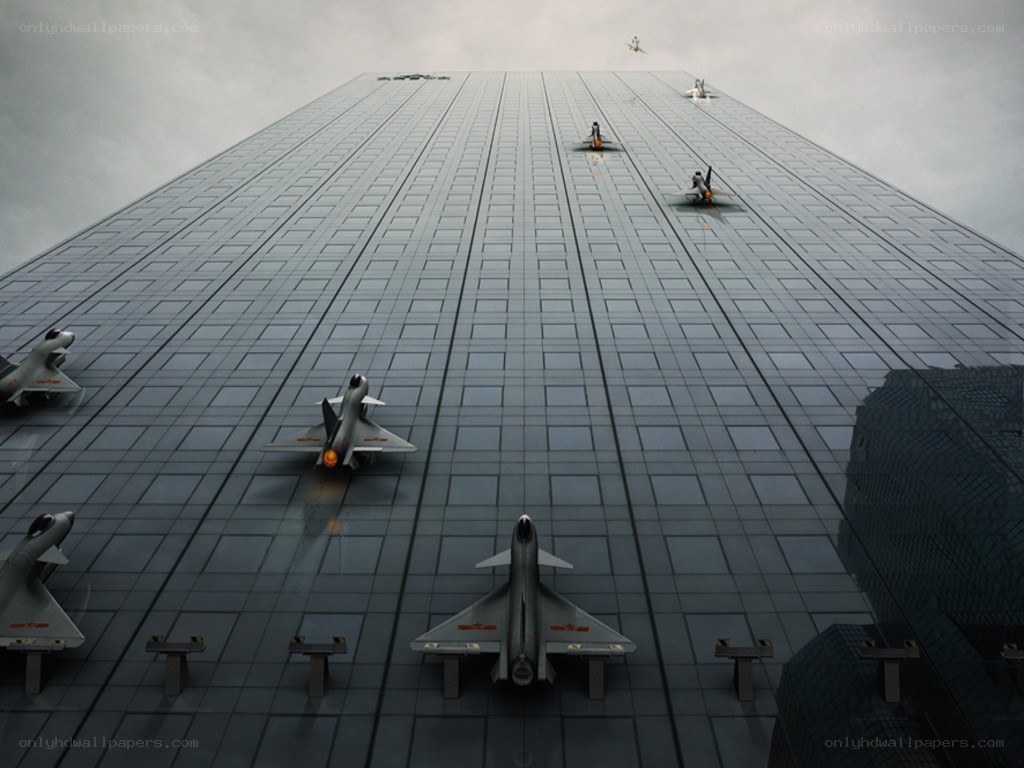 Fighter jets on skyscraper facade