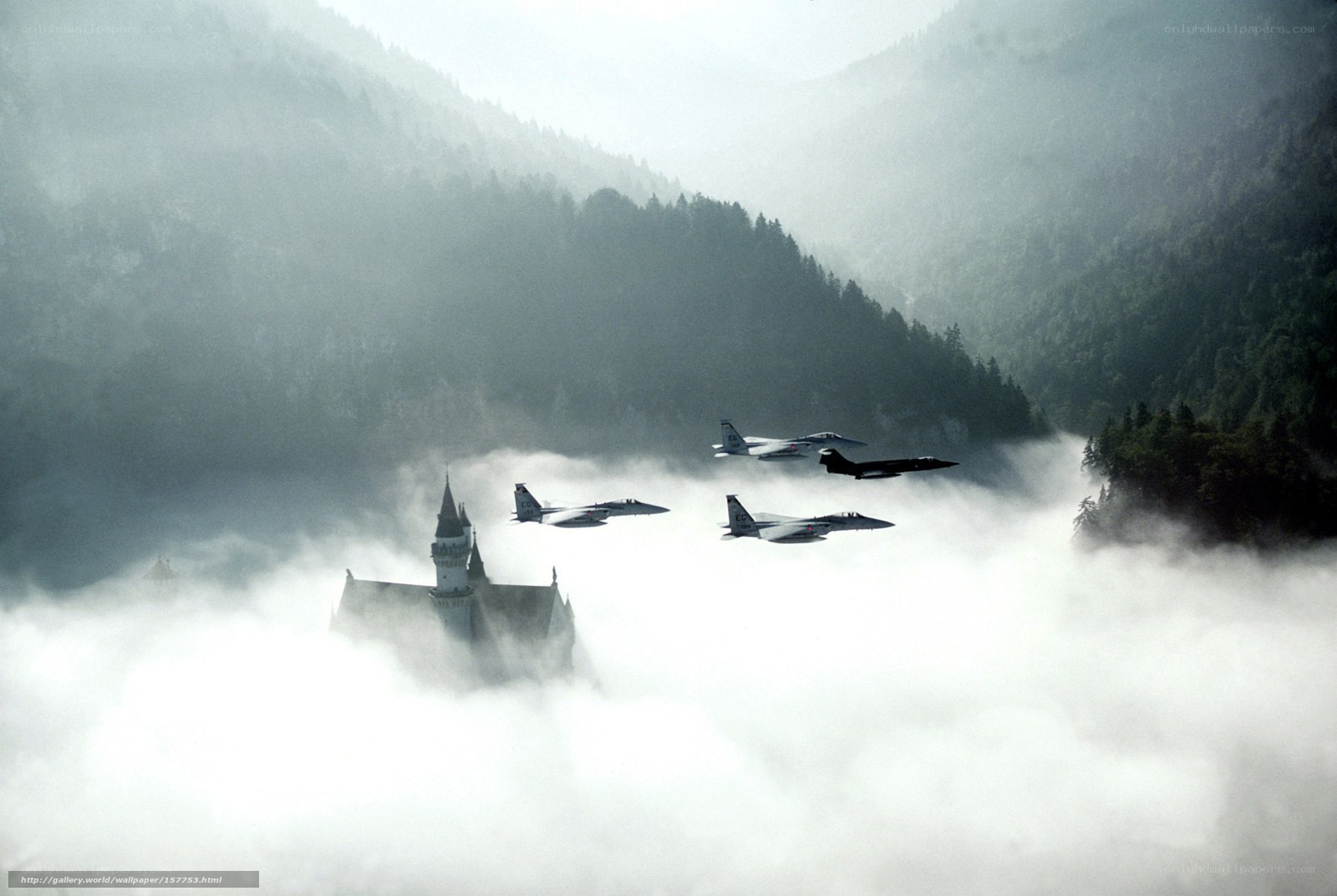 Fighter jets over a castle in clouds