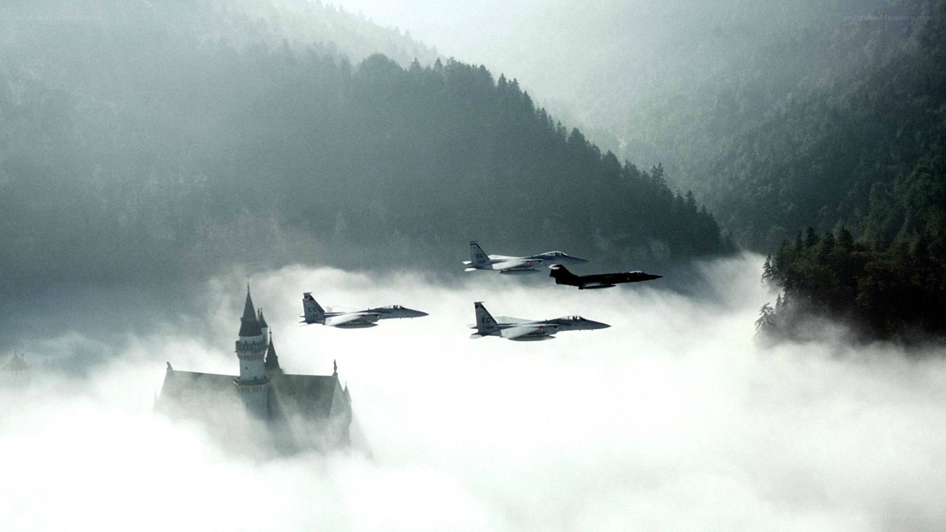Fighter jets over a castle