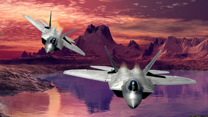 Fighter jets over alien landscape