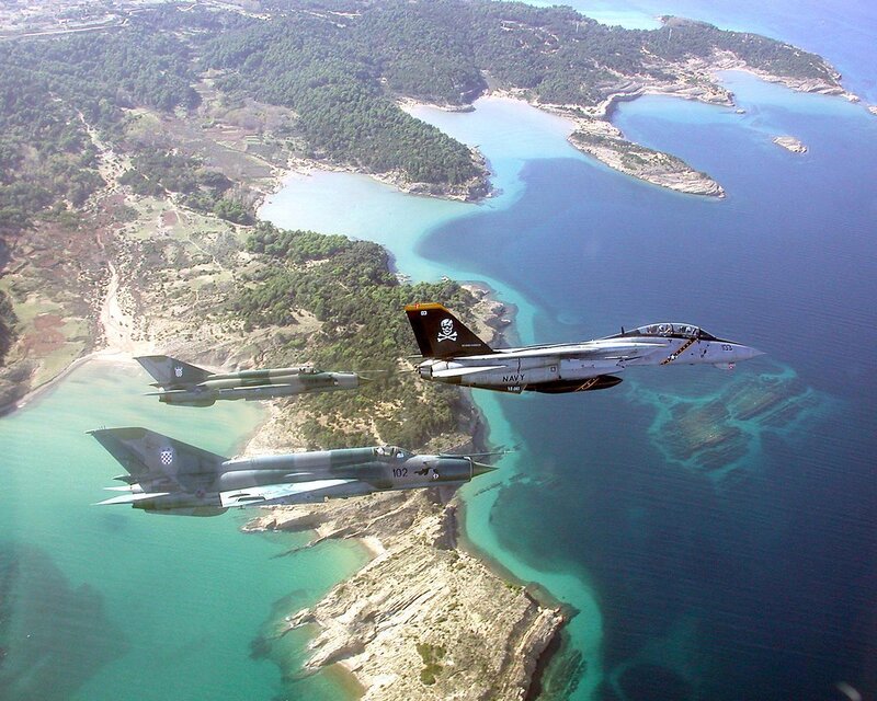Fighter jets over coastal waters