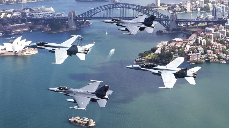 Fighter Jets over Harbor — Blue, Dramatic